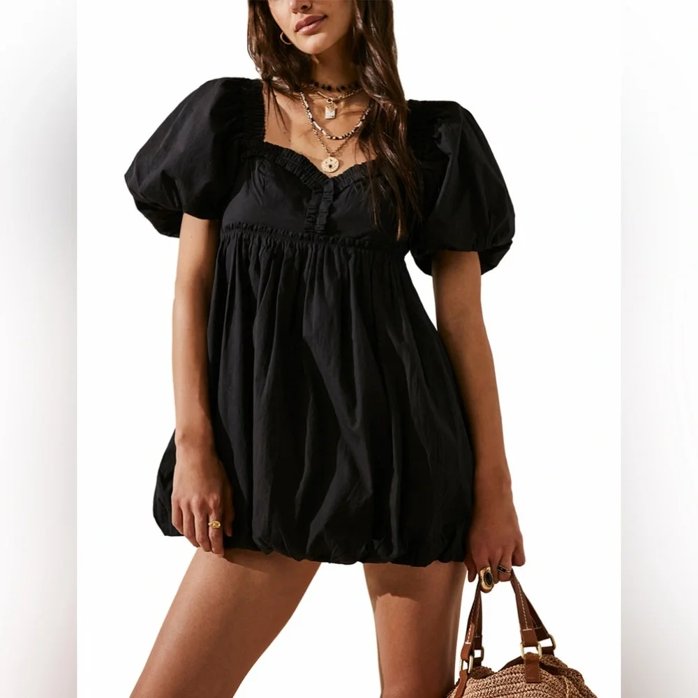 Free People Rendezvous Me Black Puff Sleeve Mini Dress - Picture 1 of 5